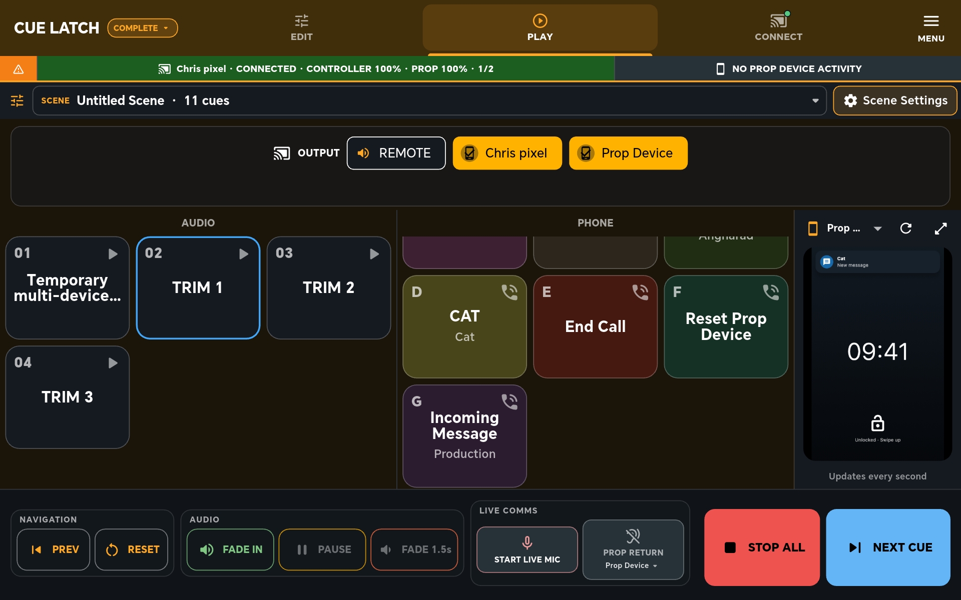 CueLatch Complete mode showing audio and phone cues together