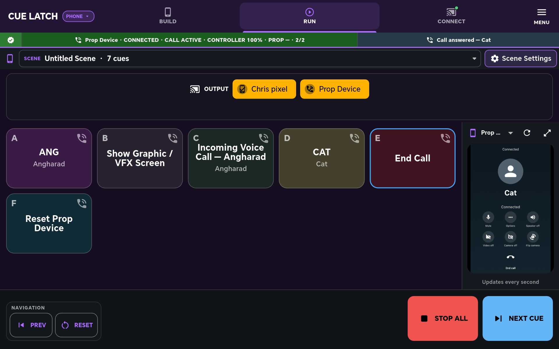 CueLatch Prop mode with a populated cue screen and live Pixel prop preview