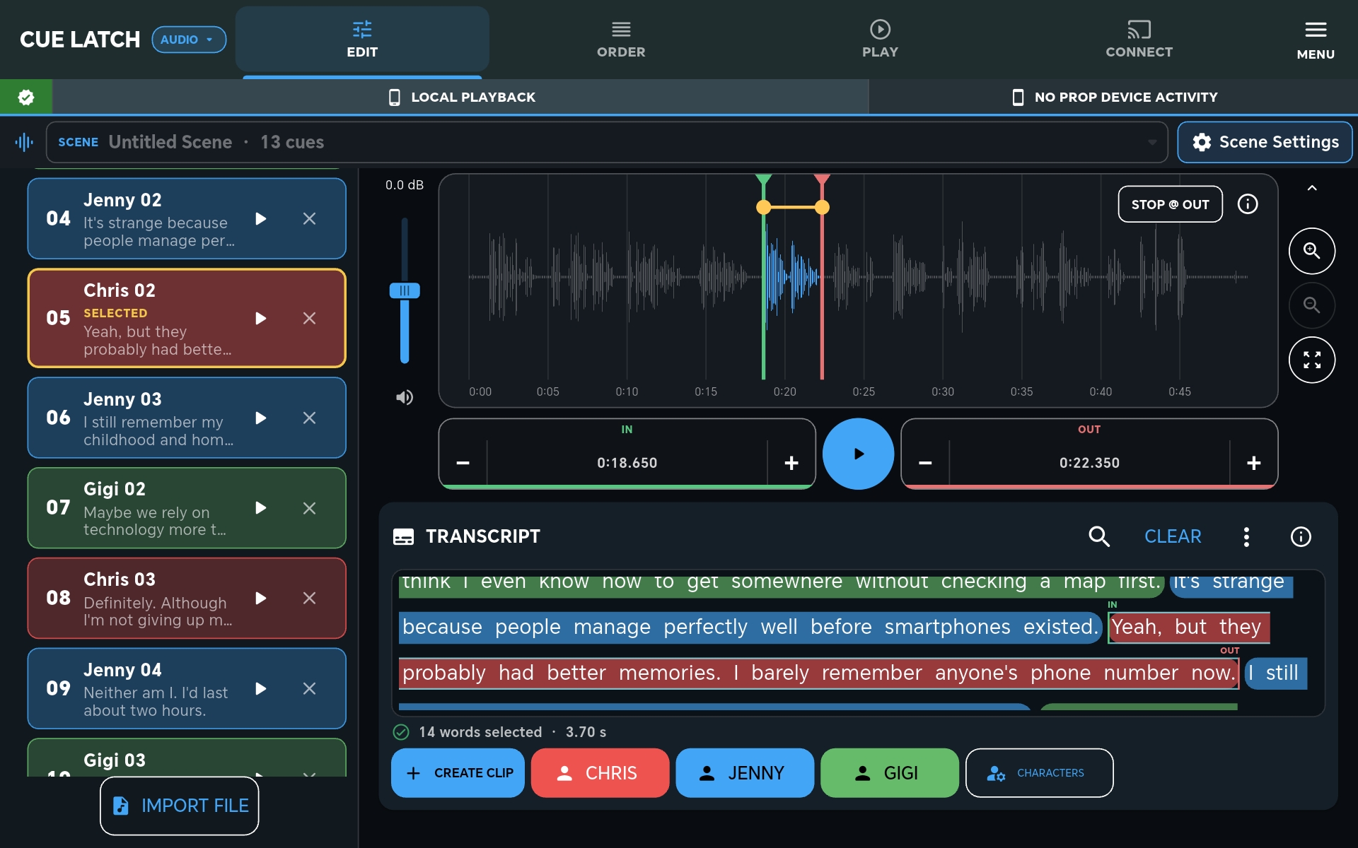 CueLatch waveform and transcript editor with a populated audio scene