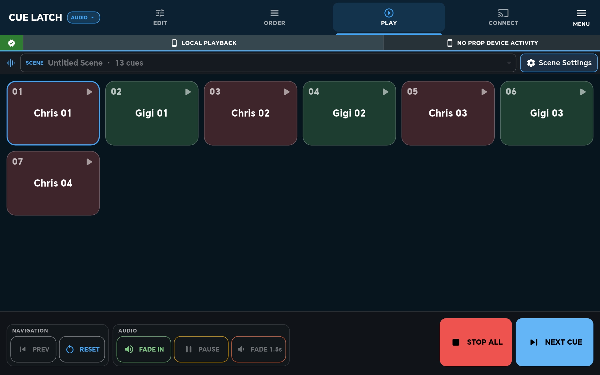 CueLatch audio cue buttons arranged in scene order